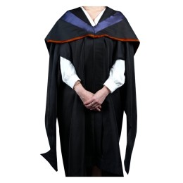 Designed orange hood with wide purple silk ribbon Customized black graduation robe Taught Master of Laws Doctorate Slits at the sleeves Zip-up graduation robe Graduation gown manufacturer City University of Hong Kong Purple shawl DA502 Designed orange hood with wide purple silk ribbon Customized black graduation robe Taught Master of Laws Doctorate Slits at the sleeves Zip-up graduation robe Graduation gown manufacturer City University of Hong Kong Purple shawl DA502